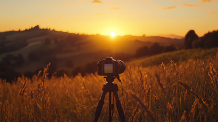 A camera mounted on a tripod is beautifully positioned in a golden field, capturing the stunning sunset over rolling hills. Perfect for nature photography enthusiasts.の素材