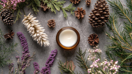 An artistic arrangement of a candle surrounded by natural elements, including pine cones and dried flowers, showcasing tranquility and wellness, ideal for relaxation.の素材
