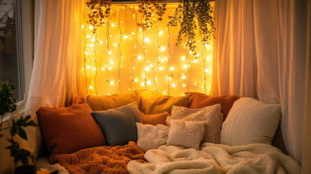 A cozy living room corner featuring soft textiles, warm lights, and lush greenery, creating a serene and inviting atmosphere perfect for relaxation.の素材