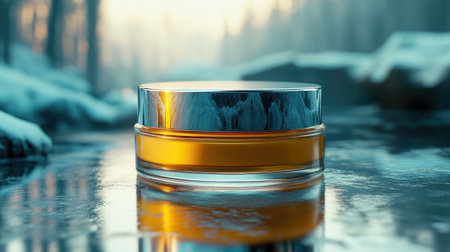 A luxurious skincare cream jar floats gracefully on a frozen surface, reflecting a serene winter landscape. Its rich orange hue contrasts beautifully with the icy surroundings, symbolizing elegance and freshness in beauty.の素材