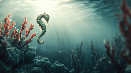 This stunning underwater image captures a solitary seahorse amidst vibrant coral. The ethereal light creates a serene atmosphere, showcasing the beauty of marine life.の素材