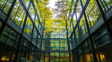 A stunning modern glass building showcases the interplay of architecture and nature, with vibrant green trees reflected in its windows, creating a serene urban oasis.の素材