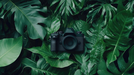 A stylish camera rests on a bed of lush green leaves, creating a stunning contrast against the tropical foliage. This composition evokes a sense of adventure and creativity.の素材