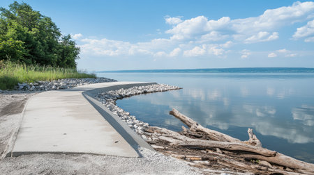 This serene lakeside pathway invites visitors to enjoy the stunning reflections in the calm water, framed by lush greenery and a bright blue sky.の素材
