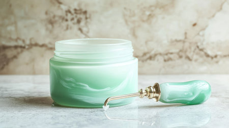 A serene green cream jar with a unique applicator sits elegantly on a marble surface, embodying luxury and natural beauty in skincare.の素材