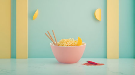 A vibrant bowl of noodles garnished with a lemon slice and chili pepper against a pastel backdrop. This colorful presentation enhances any dining experience.の素材