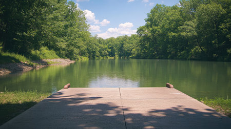 A serene view of a dock leading to calm waters, framed by lush greenery and bright skies, perfect for conveying tranquility and natural beauty.の素材