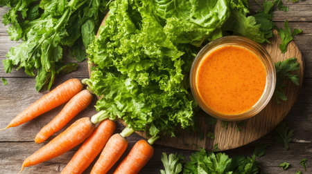 Capture the essence of healthy eating with fresh carrots, green lettuce, and a vibrant orange dip, beautifully arranged on a rustic wooden table.の素材