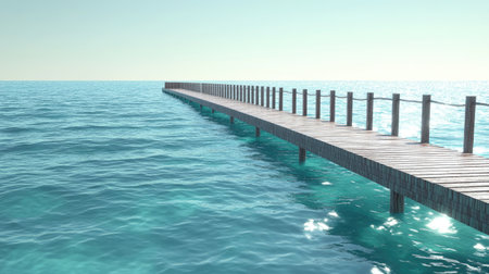 A tranquil scene featuring a wooden pier stretching into a calm turquoise ocean. The serene water reflects sunlight, offering a perfect getaway for relaxation and peace.の素材