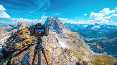 A stunning landscape showcasing a camera on a tripod, capturing the vast mountain scenery under a bright blue sky. Perfect for nature photography enthusiasts.の素材