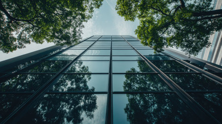 A striking view of a modern glass building embraced by lush trees, capturing the beauty of urban architecture against a serene sky backdrop.の素材