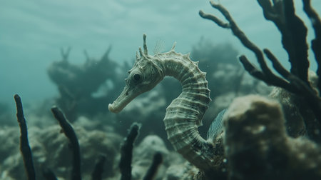 A stunning underwater scene featuring a seahorse gracefully swimming through lush coral. The serene environment highlights the beauty of marine life and vibrant ecosystems.の素材