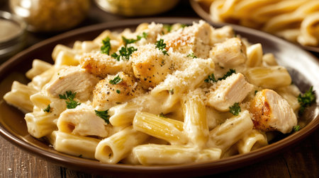A delicious plate of creamy chicken pasta featuring tender pieces of chicken, Parmesan, and fresh herbs, beautifully presented on a rustic wooden table.の素材