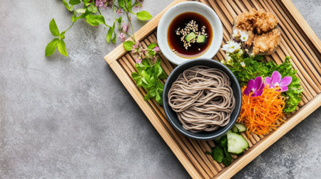 Enjoy a vibrant Japanese soba noodle salad featuring a variety of fresh vegetables, sesame sauce, and garnishes, perfect for a healthy meal choice.の素材