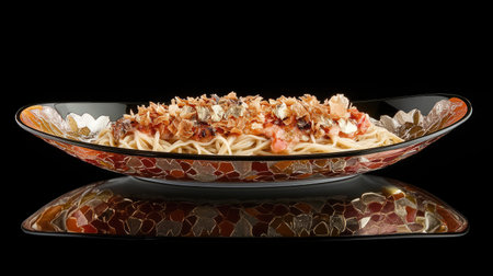 A beautifully presented plate of spaghetti topped with seafood and crispy garnishes, set against a sleek black background, perfect for culinary inspiration.の素材