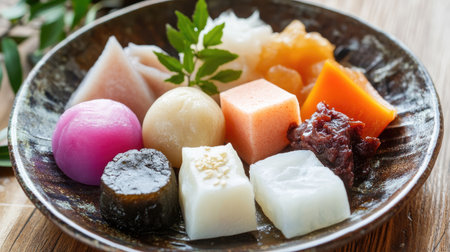 Explore a beautiful assortment of traditional Japanese desserts arranged on a dark plate. This colorful display features unique textures and flavors, perfect for enhancing any culinary experience.の素材