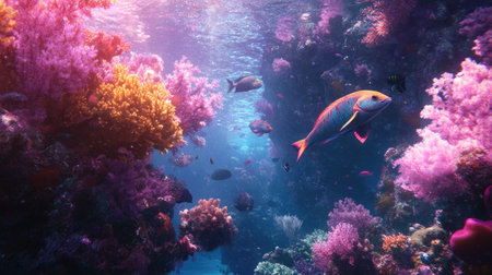 Explore a stunning underwater scene showcasing a vibrant coral reef teeming with colorful marine life. A captivating depiction of ocean biodiversity.の素材