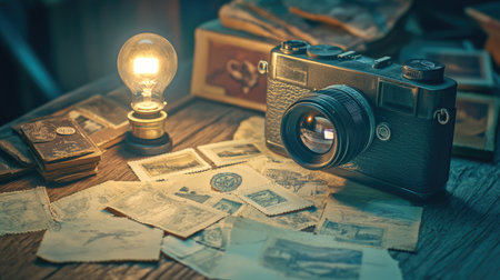 A vintage camera rests on a wooden table surrounded by old photographs and a warm light creating a nostalgic atmosphere that captures the essence of memories.の素材