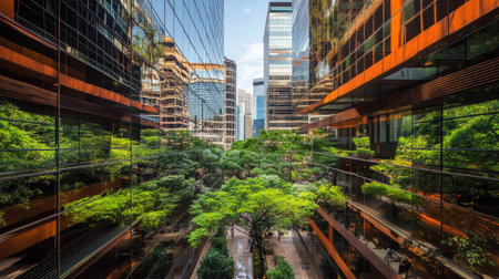 This stunning image captures a modern urban landscape showcasing sleek architecture and lush greenery, creating a serene environment amidst the city.の素材