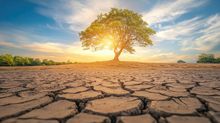 A striking image of a solitary tree standing on cracked earth at sunset, symbolizing resilience and beauty in a drought-stricken landscape.の素材