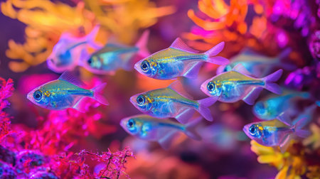 A captivating scene featuring colorful freshwater fish swimming amid vibrant coral. This underwater image highlights the beauty of aquatic life and biodiversity.の素材