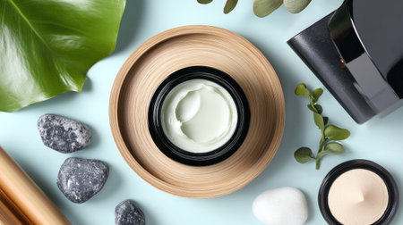 A serene composition featuring a cream jar surrounded by stones and greenery, capturing the essence of natural beauty and wellness. Ideal for skincare themes.の素材