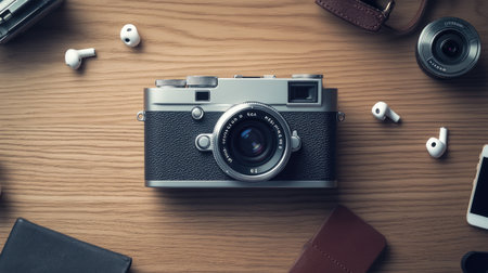 A vintage camera lies on a wooden table, surrounded by modern tech accessories. This flat lay captures a blend of nostalgia and contemporary design, perfect for photography enthusiasts.の素材
