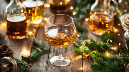 A beautifully styled whiskey glass sits on a wooden table, surrounded by festive holiday decorations and warm lights, creating a cozy atmosphere.の素材