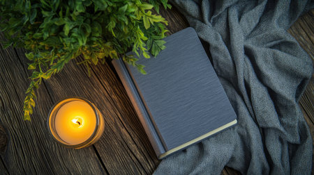 A cozy setting featuring a candle, a book, and greenery on a wooden surface, creating a warm and inviting atmosphere perfect for relaxation and mindfulness.の素材