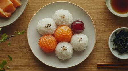 A colorful sushi platter features fresh salmon and perfectly shaped rice balls, beautifully arranged on a wooden table, perfect for sharing and enjoying.の素材