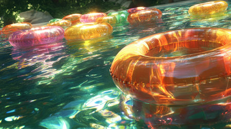 Vibrant pool floats in various colors float peacefully on a sunlit pool, creating a serene and joyful atmosphere. Perfect for summer relaxation.の素材