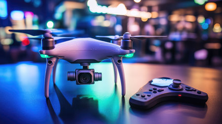 Capture the essence of modern technology with this high-tech drone and remote control set against a vibrant gaming backdrop, perfect for enthusiasts.の素材