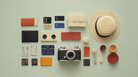 A visually appealing flat lay arrangement featuring a vintage camera, a straw hat, and various photography accessories on a soft canvas background.の素材
