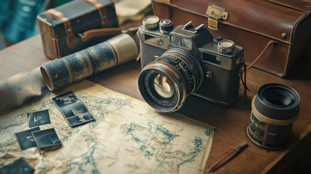 A nostalgic setup featuring a vintage camera, photographic prints, and a detailed map, evoking the spirit of exploration and the art of photography.の素材