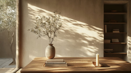 A tranquil interior scene featuring a minimalist design, showcasing a vase with a plant on a wooden table, illuminated by natural light, creating a calming atmosphere.の素材