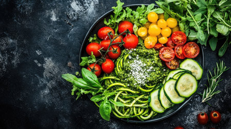 A vibrant arrangement of fresh vegetables featuring zucchini noodles, cherry tomatoes, cucumbers, and basil pesto, perfect for healthy eating and culinary inspiration.の素材