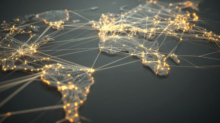 A conceptual visualization showcasing a detailed world map with illuminated lines representing global connectivity and data flow across various regions.の素材