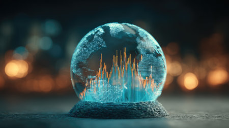This unique image showcases a modern globe encased in a digital design, emphasizing data analytics and global connectivity in a dynamic, futuristic setting.の素材