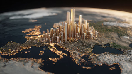 A stunning 3D rendering showcasing urban centers in Europe illuminated at night. This artwork highlights city lights, architectural structures, and geographical features.の素材