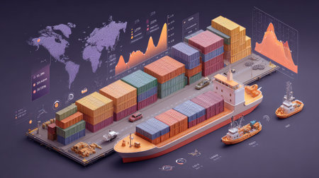 This vibrant illustration showcases a cargo ship loaded with containers alongside a harbor, featuring graphs and statistics that highlight trends in global shipping and logistics.の素材