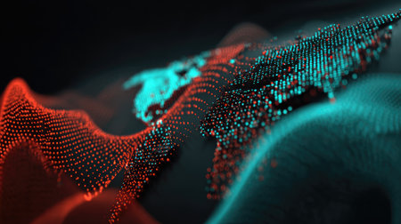 This abstract digital visualization showcases a colorful representation of world mapping with flowing dots and lines, emphasizing modern technology and data movement.の素材