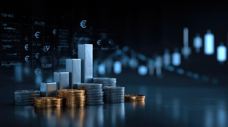 A visually striking image illustrating the concept of financial growth, featuring a bar graph and stacks of coins against a dark backdrop, symbolizing investment strategies.の素材