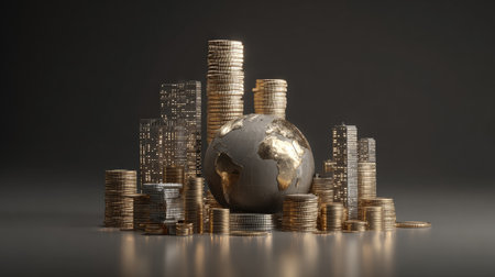 A unique representation of global finance featuring a metallic globe surrounded by stacks of coins and an illuminated city skyline, symbolizing wealth and investment potential.の素材