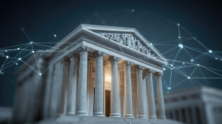 This image portrays a historic building with columns, enhanced by digital network connections against an abstract background, symbolizing law and justice in a modern context.の素材