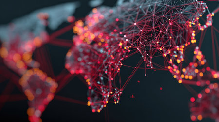 This abstract digital world map image features glowing connections and vibrant nodes, symbolizing global interconnectivity and advanced technology in a creative and modern style.の素材