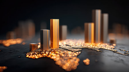 This image features an abstract data visualization on a map, showcasing illuminated 3D bar graphs that represent trends across various urban locations in a modern design.の素材