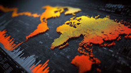 A stunning digital representation of a world map, crafted with vibrant orange and yellow hues, symbolizing connectivity, technology, and data analysis. Perfect for business themes.の素材