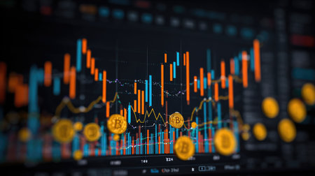 Captivating visualization of financial data showing stock market trends and cryptocurrency, ideal for business and finance projects, showcasing dynamic analysis.の素材