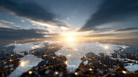 This stunning image features a digital world map illuminated by a bright sunset, showcasing global connectivity through intricate patterns and technology.の素材