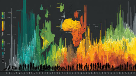 This colorful visualization showcases global population growth over time, highlighting demographic changes across continents, with a focus on historical trends and data analysis.の素材